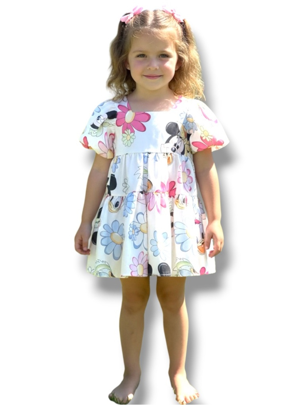 Disney Inspired White Floral Cartoon Print Dress.  Size Girls 6